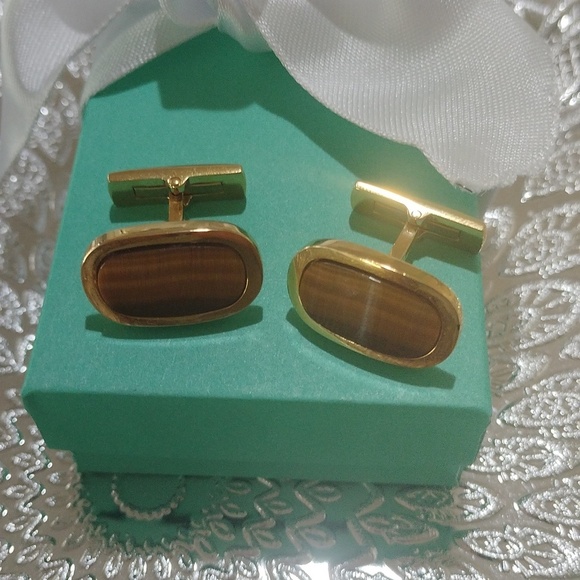 Vintage Sun Eagle Goldtone Men's Oval Cats Eye Brown Stone Cuff Links - Picture 1 of 9